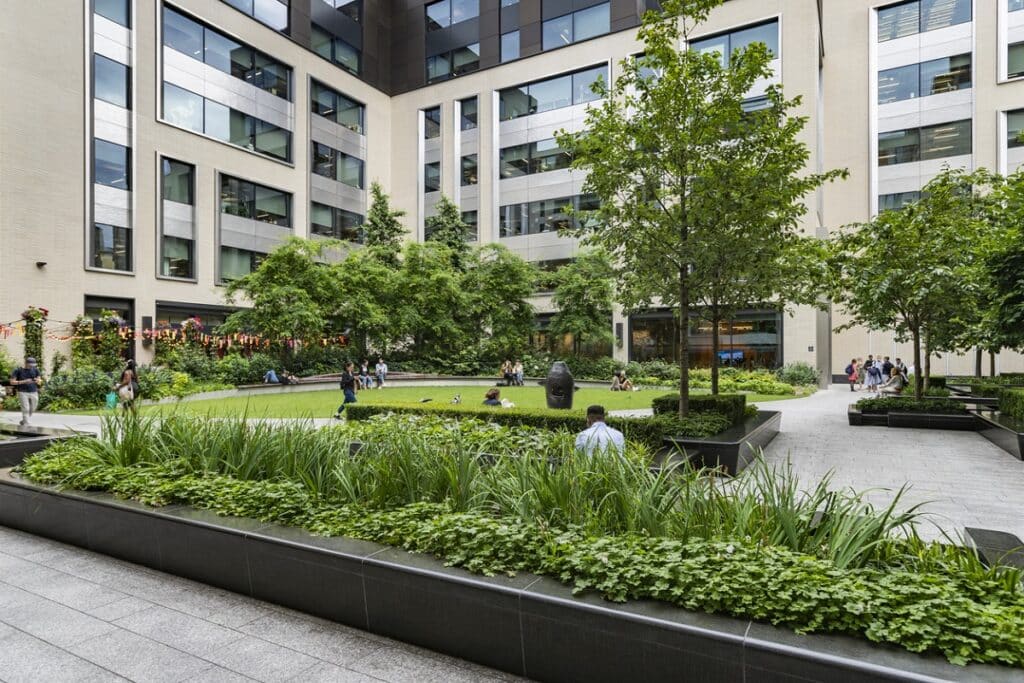 Office park with garden and trees